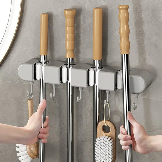 6 Slot & 6 Hook Wall Mounted Holder For Mop, Broom, Kitchen, Garden