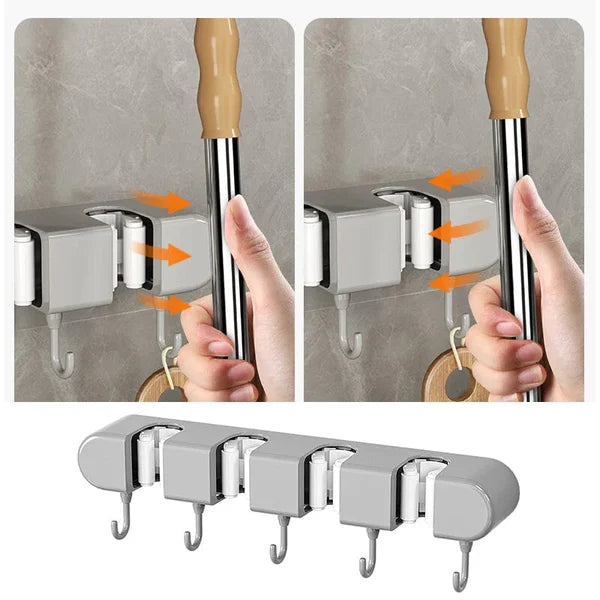 6 Slot & 6 Hook Wall Mounted Holder For Mop, Broom, Kitchen, Garden