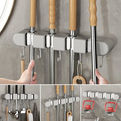 6 Slot & 6 Hook Wall Mounted Holder For Mop, Broom, Kitchen, Garden